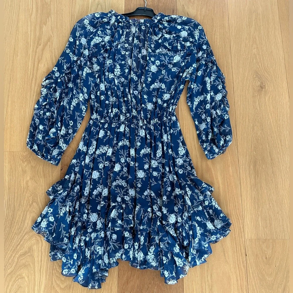 Ulla Johnson - Navy Floral Silk Ruffle Long Sleeve Dress - 4/S - Picture 2 of 9